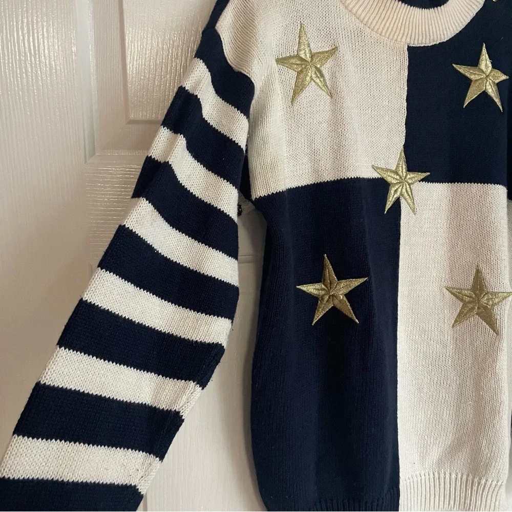 Maurada Vintage Nautical Coastal Stars Navy and White Striped Sweater - Picture 5 of 7